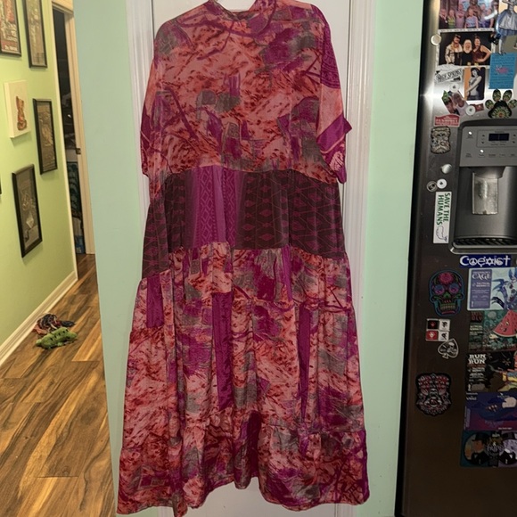 Kantha Bae Pink & Fushia Print Short Sleeve Bohemian Maxi Dress Free Size XS-3X - Picture 9 of 10